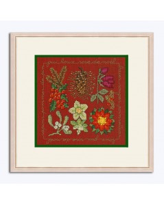 Miniature fleurs de Noël à broder sur lin couleur rouge foncé. Kit complet. Le Bonheur des Dames 2284