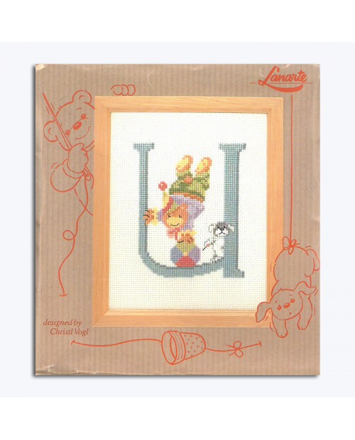 Lettre U en bleu avec un ourson. Broderie au point de croix. Lanarte 34254 Lettre U en bleu avec un ourson. Broderie au point de croix. Lanarte 34254