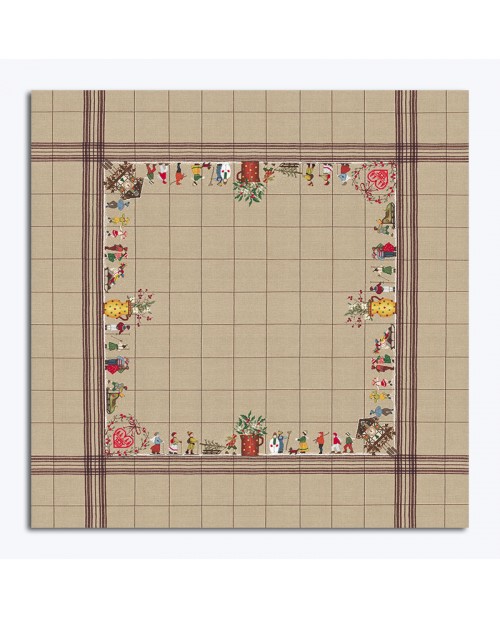 Tablecloth embroidered by cross stitch on even-weave linen with grid pattern. Skiers. Le Bonheur des Dames 6024 and 6025. Tablecloth embroidered by cross stitch on even-weave linen with grid pattern. Skiers. Le Bonheur des Dames 6024 and 6025.