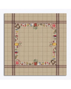 Tablecloth embroidered by cross stitch on even-weave linen with grid pattern. Skiers. Le Bonheur des Dames 6024 and 6025.