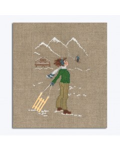 Young girl with sledge. Picture embroidered by counted cross stitch on linen Aïda fabric. Le Bonheur des Dames 2625.