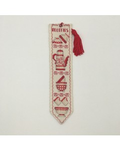 Bookmark embroidered in cross stitch. Pattern: red dishes. Le Bonheur des Dames 4543