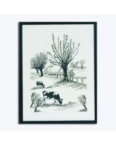 Cross stitch embroidery kit, counted stitch on cotton Aïda canvas. Monochrome pattern: cows. Permin of Copenhagen 901109