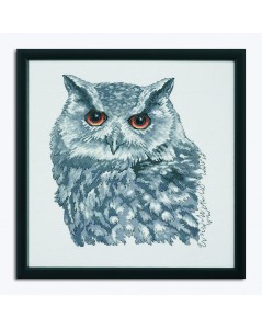 An owl in grey. Counted cross stitch embroidery. Permin of Copenhagen 904112