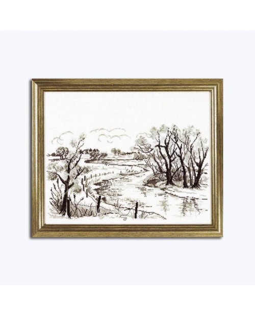 Counted cross stitch kit. Graphic winter landscape embroidered in monochrome. Permin of Copenhagen 703129