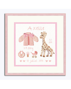 Tableau brodé. Naissance Axelle. Motif: girafe, pull rose avec un noeud, accessoires bébé. Le Bonheur des Dames 2628