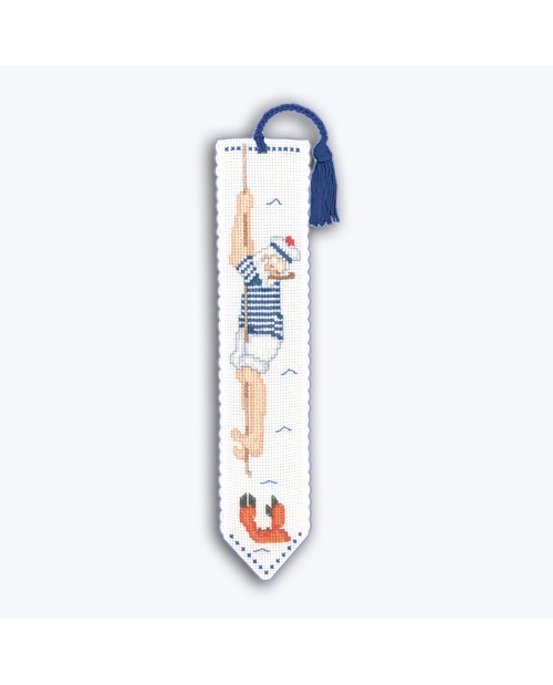 Marque-page en aida de coton blanc. Motif: marin et crabe. Le Bonheur des Dames 4555 Marque-page en aida de coton blanc. Motif: marin et crabe. Le Bonheur des Dames 4555