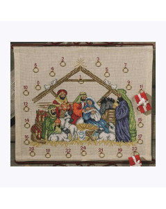 Cross stitch embroidery. Baby Jesus in the manger with Mary and Joseph. Permin of Copenhagen. 348281