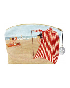 Trousse bord de mer fond multicolore. Motif: plage, mer, tente de plage. Jacquard. Art de Lys TR5995X