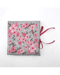 Needle case embroidered in cross stitch on sky blue linen. Pink sakura flowers. Le Bonheur des Dames 3480