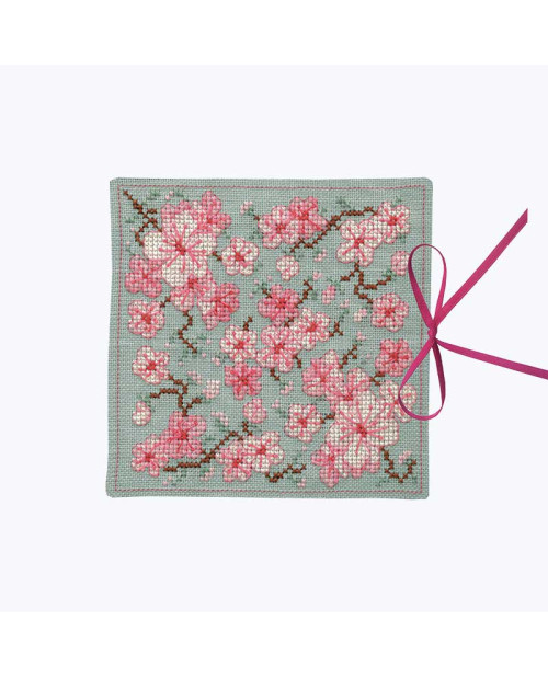 Needle case embroidered in cross stitch on sky blue linen. Pink sakura flowers. Le Bonheur des Dames 3480