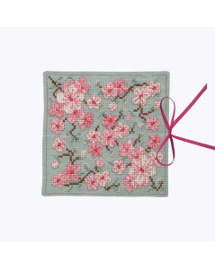 Needle case embroidered in cross stitch on sky blue linen. Pink sakura flowers. Le Bonheur des Dames 3480