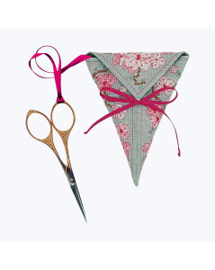 Scissor keep Flowers of Sakura on sky-blue linen. Le Bonheur des Dames. Item n° 3375. Counted cross stitch kit.