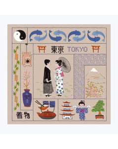 Bienvenue Tokyo. Tableau brodé aux points traditionnels. Kit imprimé. Le Bonheur des Dames 7713