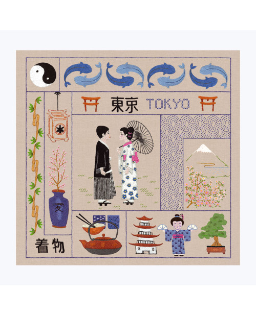 Bienvenue Tokyo. Tableau brodé aux points traditionnels. Kit imprimé. Le Bonheur des Dames 7713