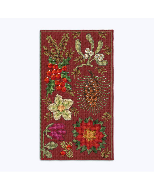 Etui à lunettes brodé au point de croix sur lin rouge. Fleurs de Noël. Kit broderie point de croix. Le Bonheur des Dames 3243