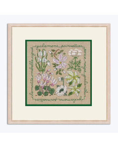 White garden flowers. Miniature picture embroidered in counted stitch on naturel linen. Le Bonheur des Dames 2285
