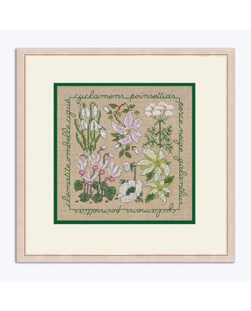 White garden flowers. Miniature picture embroidered in counted stitch on naturel linen. Le Bonheur des Dames 2285