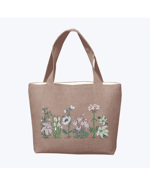 Bag embroidered in cross stitch. Pattern: white flowers. Embroidery kit. Le Bonheur des Dames 8018
