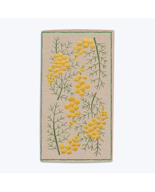 Mimosas. Glasses case embroidered with traditional embroidery stitches on natural linen. Le Bonheur des Dames 3012