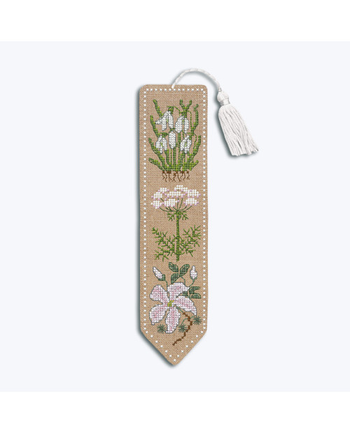 Embroidered bookmark on natural linen. White flowers. Cross stitch kit by Le Bonheur des Dames 4591