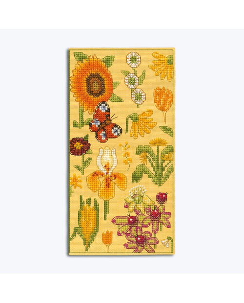 Etui à lunettes brodé au point de croix sur lin jaune. Fleurs Jaunes. Kit broderie point de croix. Le Bonheur des Dames 3245