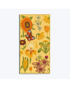 Etui à lunettes brodé au point de croix sur lin jaune. Fleurs Jaunes. Kit broderie point de croix. Le Bonheur des Dames 3245