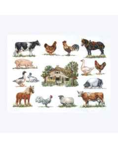 Picture stitched in counted cross stitch. Farm Animals. Permin of Copenhagen 706420
