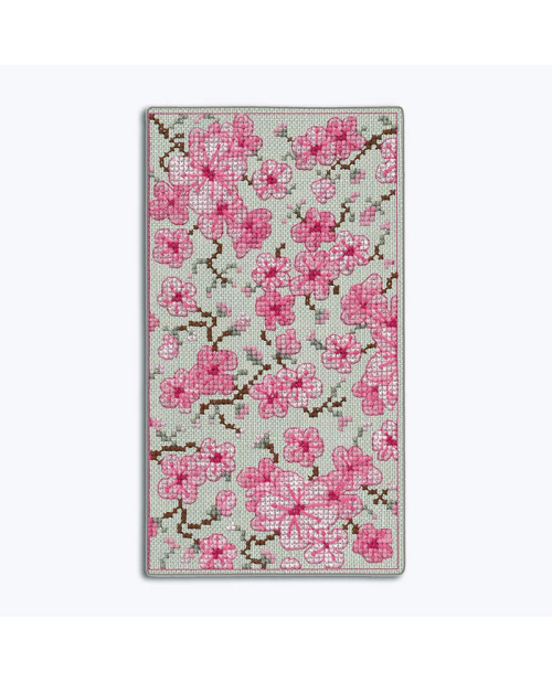 Spectacle case Sakura Flowers embroidered on yellow linen. Counted cross stitch kit. Le Bonheur des Dames 3246