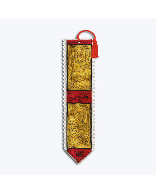 Embroidered bookmark on Aïda fabric 7 pts/cm. Motif: Golden Sculptures of Grevin Museum. Le Bonheur des Dames 4595 Embroidered bookmark on Aïda fabric 7 pts/cm. Motif: Golden Sculptures of Grevin Museum. Le Bonheur des Dames 4595