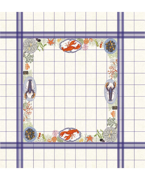 Tablecloth with seafood: mussels, lobsters, oysters. Counted cross stitch embroidery kit. Le Bonheur des Dames 6039
