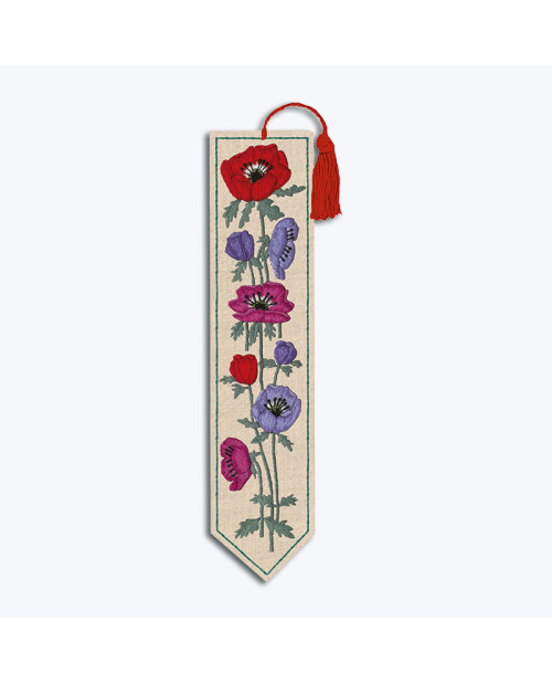 Printed bookmark to stitch with traditional embroidery stitches. Motive - red, blue, pink anemones. Le Bonheur des Dames 4728