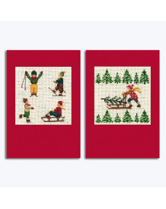 Kit de broderie - cartes de voeux, enfants skieurs et enfant et luge. Le Bonheur des Dames 7514