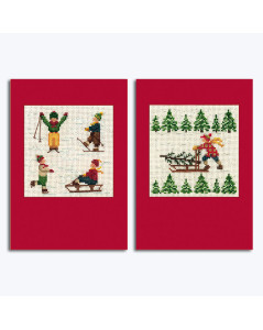 Counted cross stitch embroidery kit - greeting cards. Children skiers and a child with a sledge. Le Bonheur des Dames 7514