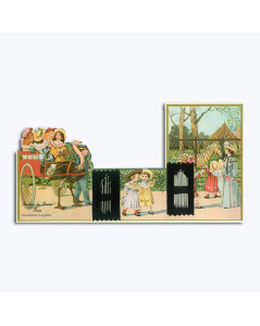 Old style fool the eye greeting card with a set of needles. Children in a carriage. AIG10