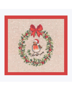 Tableau brodé. Couronne de décembre. Oiseau rouge-gorge en tenue de Noël. Le Bonheur des Dames 2699