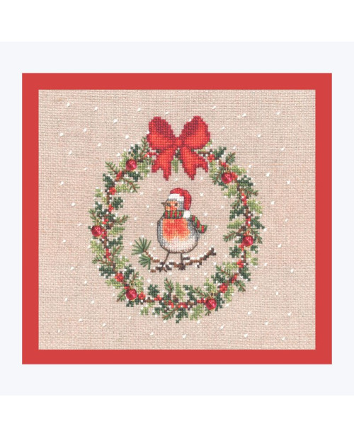Embroidered picture. December wreath. Robin bird in Christmas outfit. Le Bonheur des Dames 2699