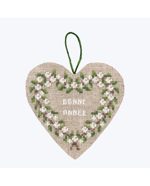 Counted cross stitch embroidery. Heart of white berries. Writing: Bonne Année. Le Bonheur des Dames 2717