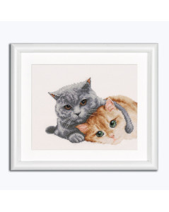 A picture embroidered in counted cross stitch: two cats ginger and grey. Kit by Dutch Stitch Brothers DSB026