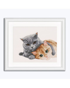 Tableau brodé au point de croix, point compté. Deux chats: gris et roux. Dutch Stitch Brothers DSB026