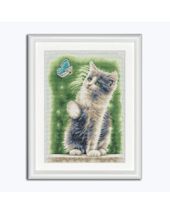 Picture embroidered in counted cross stitch. Grey cat with green eyes with blue butterfly. Dutch Stitch Brothers DSB013L