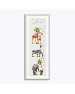 Height chart embroidered in counted cross stitch. Motif: animals of Africa, safari. Dutch Stitch Brothers DSB002L