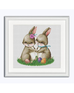 Easter Love. Amour de Pâques. Tableau brodé au point de croix. Deux lapins de Pâques. Dutch Stitch Brothers DSB023A