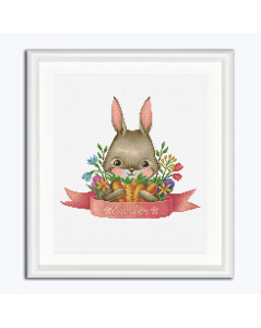 Easter Cutie. Mignonne de Pâques. Tableau brodé au point de croix. Lapin, fleurs, carottes. Dutch Stitch Brothers DSB022A
