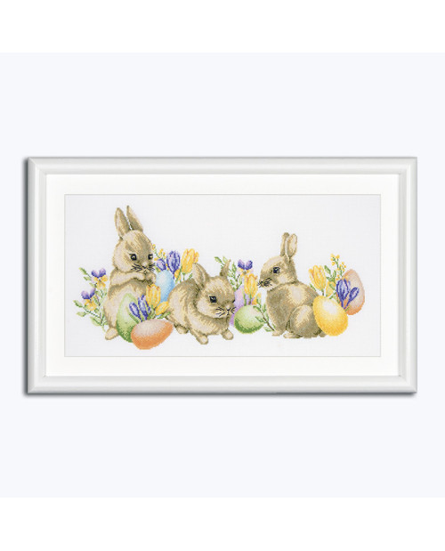 Easter Bunnies. Picture embroidered in counted cross stitch. Bunnies, colored eggs. Dutch Stitch Brothers DSB020