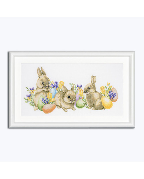 Easter Bunnies. Picture embroidered in counted cross stitch. Bunnies, colored eggs. Dutch Stitch Brothers DSB020 Easter Bunnies. Picture embroidered in counted cross stitch. Bunnies, colored eggs. Dutch Stitch Brothers DSB020