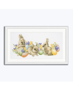 Easter Bunnies. Picture embroidered in counted cross stitch. Bunnies, colored eggs. Dutch Stitch Brothers DSB020