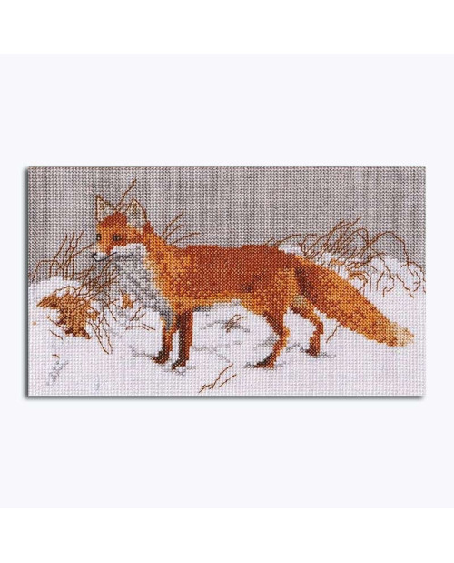 Picture embroidered in counted cross stitch. Fox on the snow. Thea Gouverneur G0573.