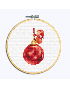 Elf on a Christmas bauble. Embroidery framed in a wooden hoop. Dutch Stitch Brothers DSB043F