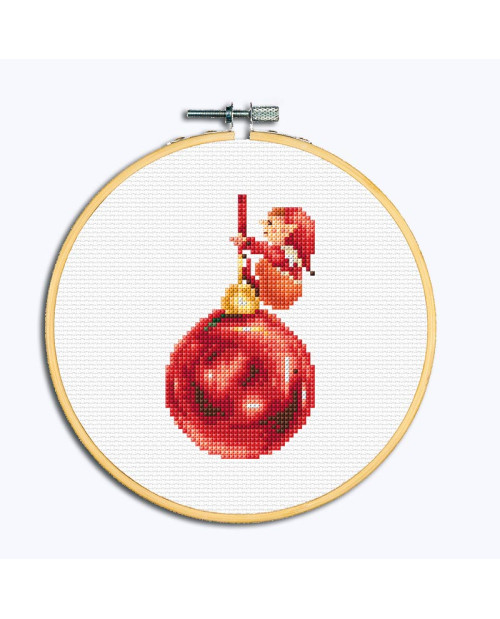 Elf on a Christmas bauble. Embroidery framed in a wooden hoop. Dutch Stitch Brothers DSB043F